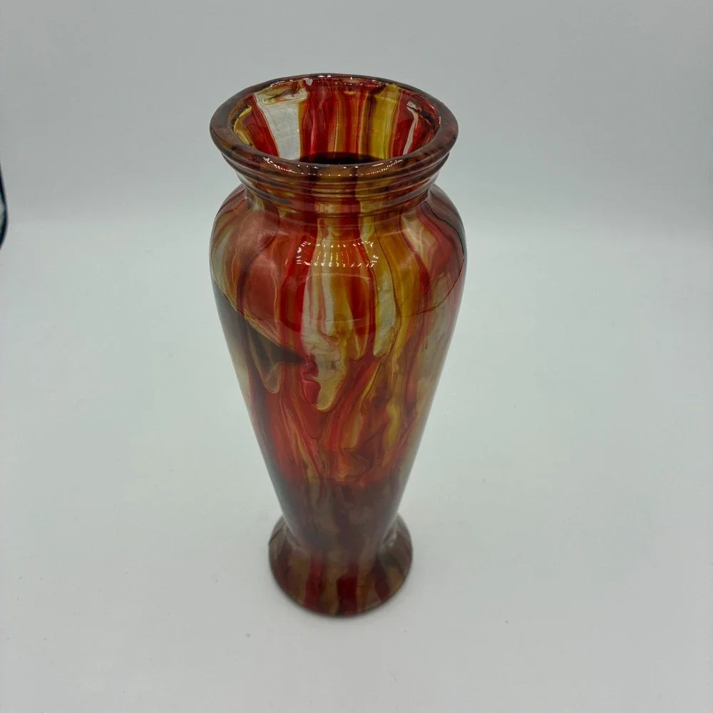 Hand Painted Marbled Glass Vase Red Amber White 9 Inch Decorative Urn